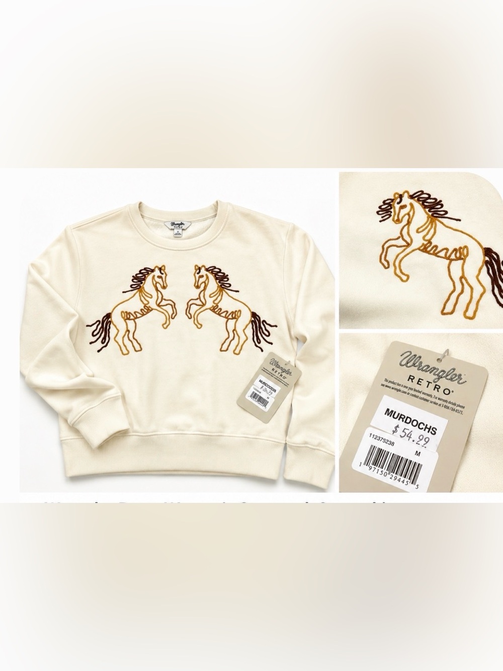 Wrangler Cream Crewneck Sweatshirt with Brown & Gold Horse Embroidery medium